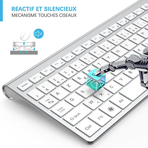 JOYACCESS Clavier Souris sans Fil, 2,4Ghz Ultra-Fins Compacte Clavier, Portable Silencieux 2400 DPI Ergonomique Clavier Souris pour PC, Smart TV, Ordinateur (AZERTY Disposition) - Blanc Argent – Image 4