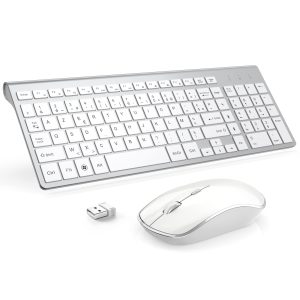 JOYACCESS Clavier Souris sans Fil, 2,4Ghz Ultra-Fins Compacte Clavier, Portable Silencieux 2400 DPI Ergonomique Clavier Souris pour PC, Smart TV, Ordinateur (AZERTY Disposition) - Blanc Argent