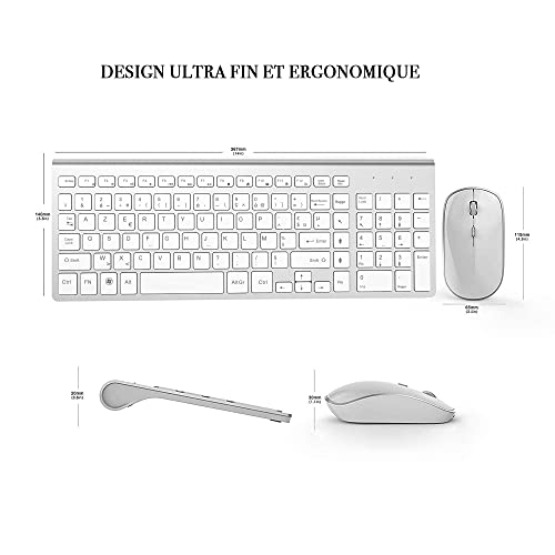 JOYACCESS Clavier Souris sans Fil, 2,4Ghz Ultra-Fins Compacte Clavier, Portable Silencieux 2400 DPI Ergonomique Clavier Souris pour PC, Smart TV, Ordinateur (AZERTY Disposition) - Blanc Argent – Image 5