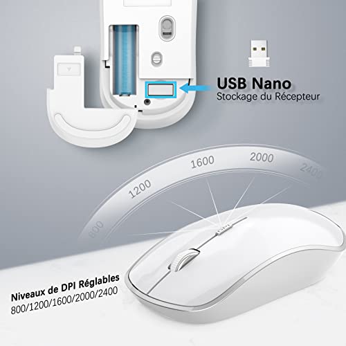 JOYACCESS Clavier Souris sans Fil, 2,4Ghz Ultra-Fins Compacte Clavier, Portable Silencieux 2400 DPI Ergonomique Clavier Souris pour PC, Smart TV, Ordinateur (AZERTY Disposition) - Blanc Argent – Image 6