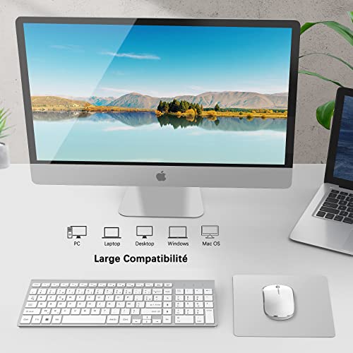 JOYACCESS Clavier Souris sans Fil, 2,4Ghz Ultra-Fins Compacte Clavier, Portable Silencieux 2400 DPI Ergonomique Clavier Souris pour PC, Smart TV, Ordinateur (AZERTY Disposition) - Blanc Argent – Image 7
