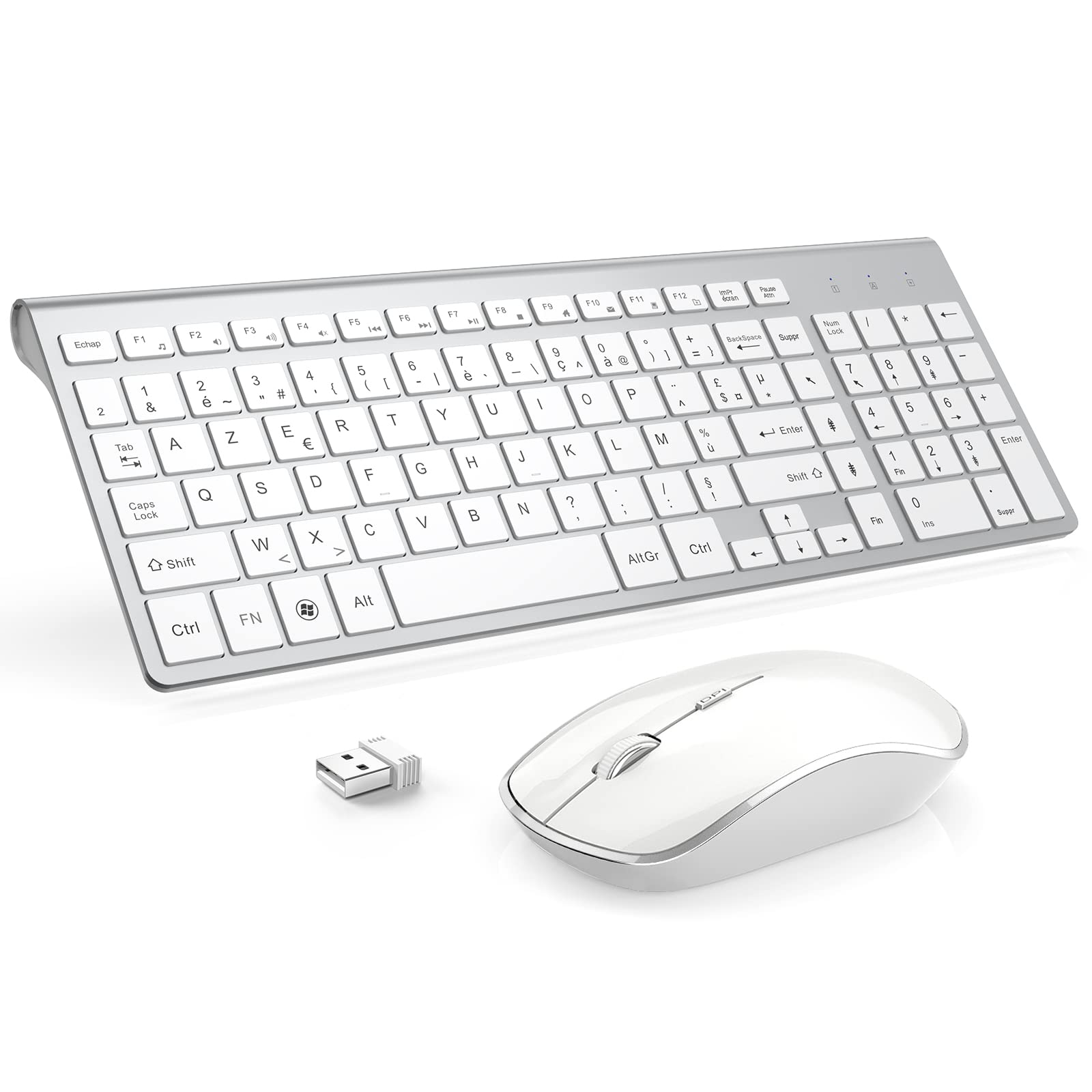 JOYACCESS Clavier Souris sans Fil, 2,4Ghz Ultra-Fins Compacte Clavier, Portable Silencieux 2400 DPI Ergonomique Clavier Souris pour PC, Smart TV, Ordinateur (AZERTY Disposition) - Blanc Argent