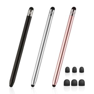 KRYMSON Lot de 3 stylets à double tête pour écran tactile en caoutchouc, stylet capacitif en métal pour tablette et smartphone, noir, argent, rose