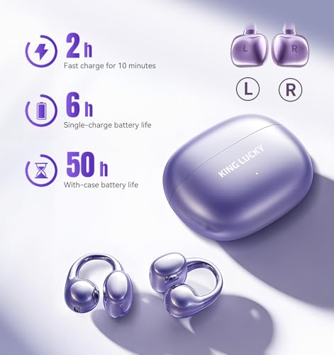 King Lucky ecouteurs à Clipser sans Fil Bluetooth 5.4 avec Micro, 50 Heures de Lecture, Suppression du Bruit, Etanche, Confortable pour Les porteurs de Petites Oreilles et, Running Sport (Violet) – Image 8