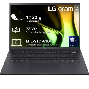 LG Gram 14Z90S-G.AP78F - PC Portable 14" 1120g, écran IPS FHD+ 16:10, Plateforme Intel® Evo™ de 14e génération, RAM 16Go, SSD 1To NVMe, Intel Iris XE, Thunderbolt™ 4, Windows 11, Clavier AZERTY, Noir
