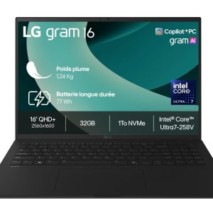 LG Gram 16Z90RU-G.AA55F - PC Portable 16" 1199g, écran DCI-P3 99% QHD+ Format, Intel® Evo™ i5-1334, RAM 16Go, SSD 512Go NVMe, Intel Iris XE Graphics, Win 11 Home Plus, Noir Obisidien