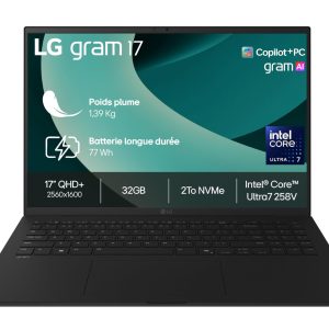 LG Gram 17Z90RU-G.AP55F - PC Portable 17" 1350g, écran DCI-P3 99% QHD+ Format, Intel® Evo™ i5-1334, RAM 16Go, SSD 512Go NVMe, Intel Iris XE Graphics, Win 11 Home Plus, Noir Obisidien