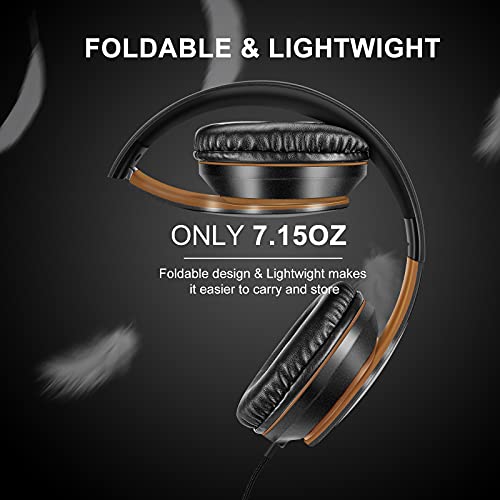LORELEI X6 Casque supra-auriculaire avec microphone, léger, pliable et portable, basses stéréo fil anti-enchevêtrement 1,45 m pour smartphone, tablette, MP3/4 (noir et doré) – Image 4