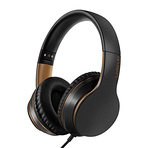 LORELEI X6 Casque supra-auriculaire avec microphone, léger, pliable et portable, basses stéréo fil anti-enchevêtrement 1,45 m pour smartphone, tablette, MP3/4 (noir et doré) – Image 7
