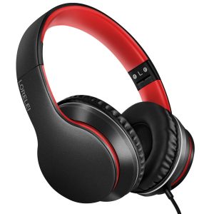 LORELEI X6 Casque supra-auriculaire filaire avec microphone, léger, pliable et portable avec basses stéréo sans nœuds de 1,45 m pour smartphone, tablette, MP3/4 (noir et rouge)