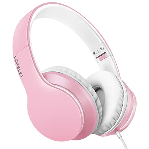 LORELEI X6 Casque supra-auriculaire filaire avec microphone, léger, pliable et portable avec basses stéréo sans nœuds de 1,45 m pour smartphone, tablette, MP3/4 (rose perle) – Image 2