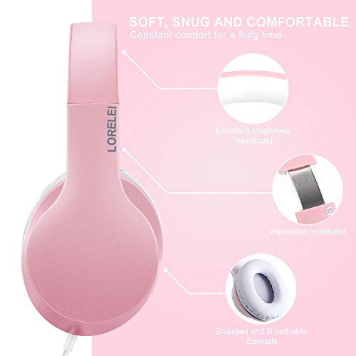 LORELEI X6 Casque supra-auriculaire filaire avec microphone, léger, pliable et portable avec basses stéréo sans nœuds de 1,45 m pour smartphone, tablette, MP3/4 (rose perle) – Image 3