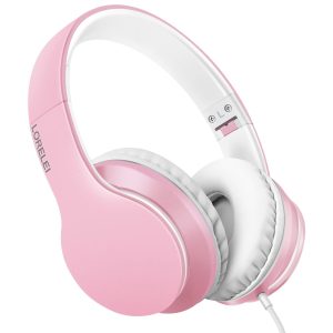 LORELEI X6 Casque supra-auriculaire filaire avec microphone, léger, pliable et portable avec basses stéréo sans nœuds de 1,45 m pour smartphone, tablette, MP3/4 (rose perle)