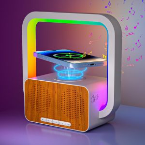 Lampe d'Ambiance Chargeur sans Fil 15W, Veilleuse avec Enceinte Bluetooth, LED de Chevet Multicolore pour Adolescents Cadeau d'anniversaire