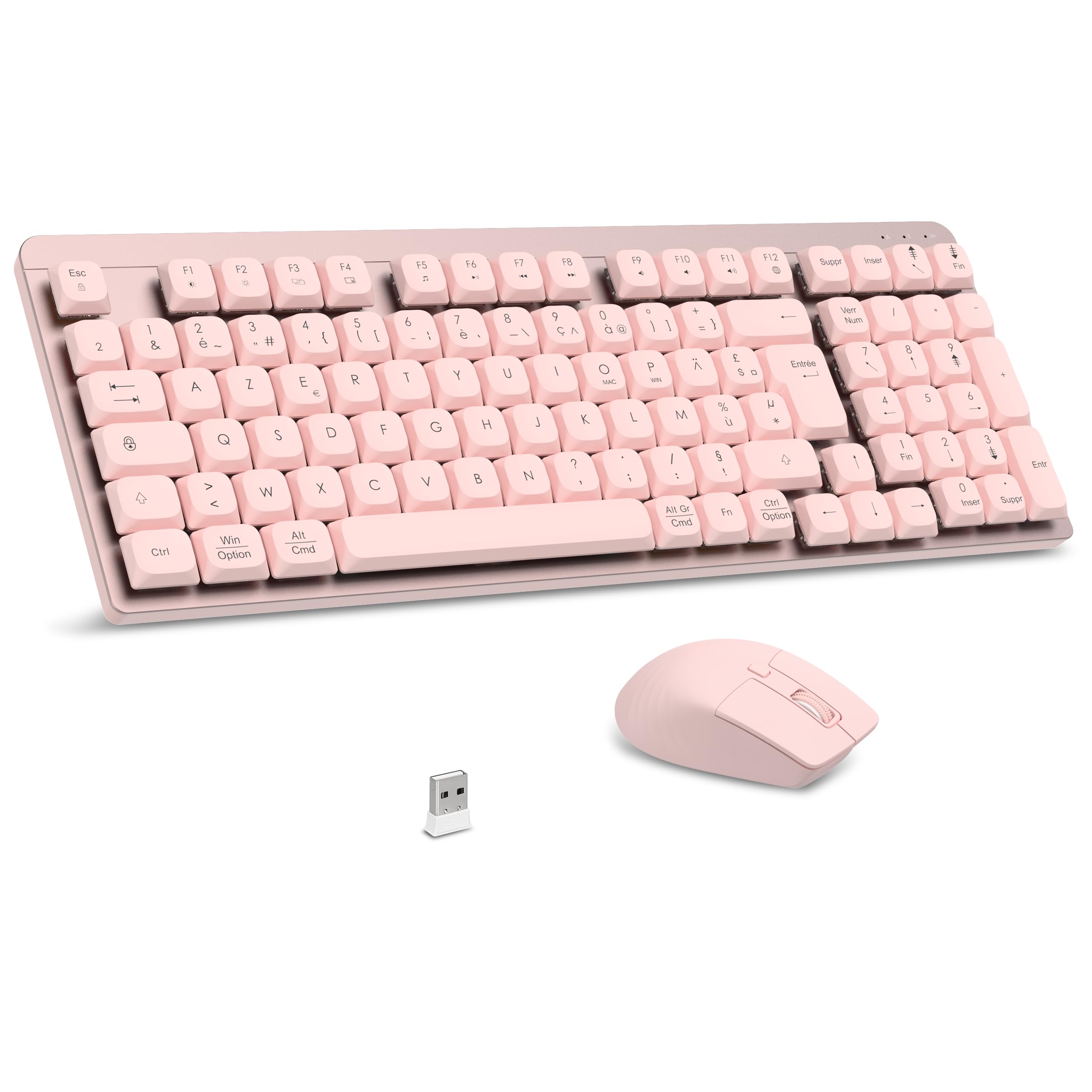 LeadsaiL Clavier Souris Mécanique sans Fil, FA98 Low Profile Ensemble Clavier et Souris avec Interrupteur Rouge, Français AZERTY, Connexion 2.4Ghz, 98 Touches for Windows MacOS Computer PC-Rose