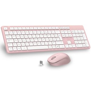 LeadsaiL Ensemble Clavier et Souris sans Fil, Ultra Mince and Silencieux Clavier AZERTY Français Pleine Taille 2.4G avec Récepteur USB pour PC, Ordinateur Portable, Windows, Mac -Rose