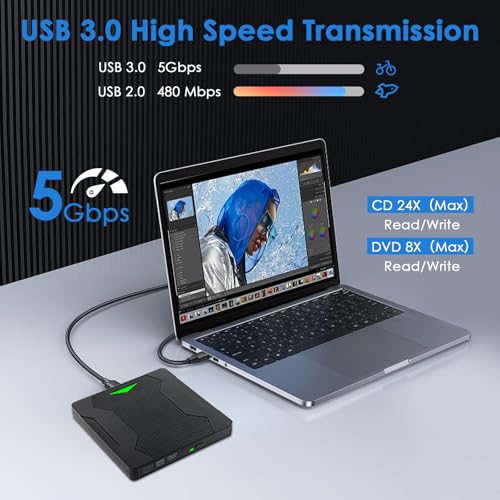 Lecteur CD DVD Externe pour PC USB 3.0 Type-C Lecteur Graveur CD DVD Externe pour PC Optique Portable CD/DVD -/+RW Drive Mince Transmission Rapide pour Windows 11/10/8.1/8/7/XP/Mac Os/LinuxOs – Image 3