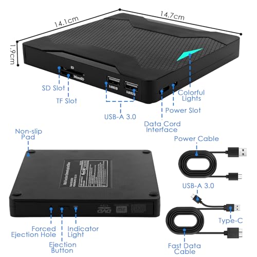 Lecteur CD DVD Externe pour PC USB 3.0 Type-C Lecteur Graveur CD DVD Externe pour PC Optique Portable CD/DVD -/+RW Drive Mince Transmission Rapide pour Windows 11/10/8.1/8/7/XP/Mac Os/LinuxOs – Image 8