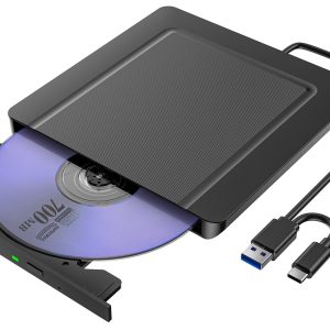 Lecteur CD/DVD Externe pour PC, Ultramince USB 3.0 et USB-C Graveur DVD Externe Optique Portable CD/DVD -/+RW Drive, Mince DVD Player Transmission Rapide Câble USB Intégrée pour Windows/MacOS/Laptop