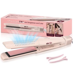 Lisseur Cheveux & Fer à Boucler 2 en 1 à Air Frais Rapid 360°, Fer à Lisser Portable Durables, Ions Négatifs pour Briller Sans Brûler, 4 Réglages de Température (160°C-220°C), Rose Girly