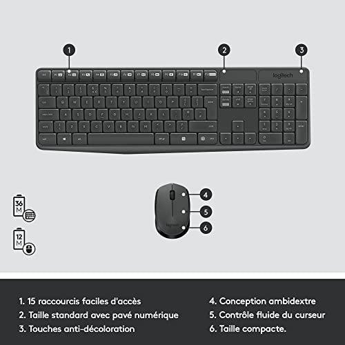 Logitech MK235 Combo Clavier Souris sans fil pour Windows, 2,4 GHz Récepteur USB, 15 Touches de Fonctions, Batterie Longue Durée 3 Ans, PC/Portable, Clavier AZERTY Français – Image 7