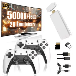 M15 Console de Jeux Vidéo Émulateur Portable 4k, Console de Jeu Rétro avec 50000+ Jeux Classiques 28 Émulateurs Intégrés, Stick de Jeu Plug and Play pour TV avec 2 Manettes de Jeu 2.4G (128G)