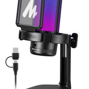 MAONO USB Micro Gaming, RGB Condensateur Microphone avec réduction du Bruit/Muet/Gain/Moniteur/Bras Micro, pour Enregistrement, Streaming, Postcast, Discord, Ordinateur, Compatible avec Mac, PS4&5