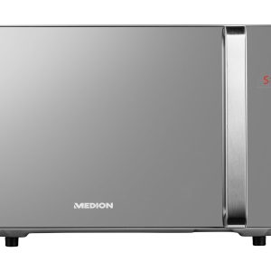 MEDION Micro-onde 3en1 avec gril et air chaud combiné (23L, 800W, 1200 W gril/air chaud, 10 programmes automatiques, 5 niveaux de puissance, mode décongeler, design miroir, MD17495) argent