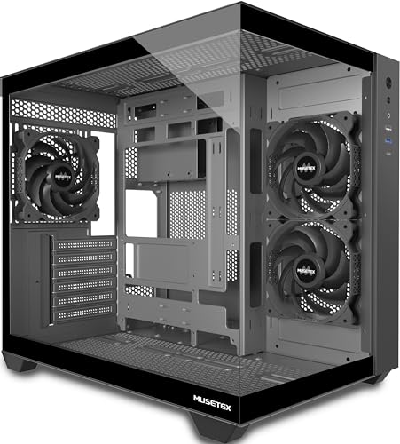 MUSETEX Boitier PC ATX, 3 Ventilateurs Non-LED préinstallés, Support RAD 360MM, Verre trempé 270° Full View Boitier Pc Gamer with Type-C, Boîtier d'ordinateur Mid Tower ATX, Noir, Y6 – Image 2
