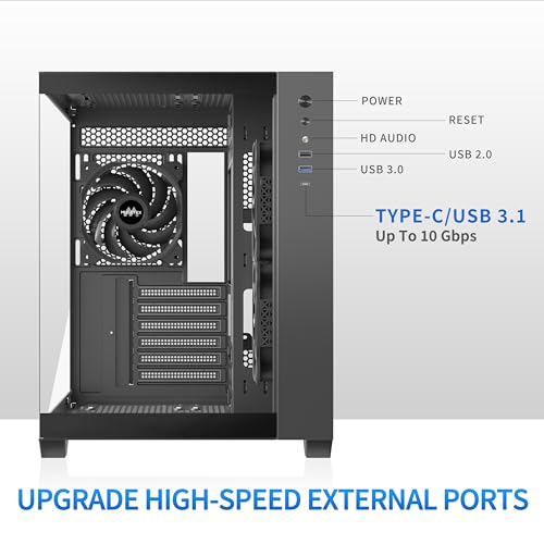 MUSETEX Boitier PC ATX, 3 Ventilateurs Non-LED préinstallés, Support RAD 360MM, Verre trempé 270° Full View Boitier Pc Gamer with Type-C, Boîtier d'ordinateur Mid Tower ATX, Noir, Y6 – Image 5