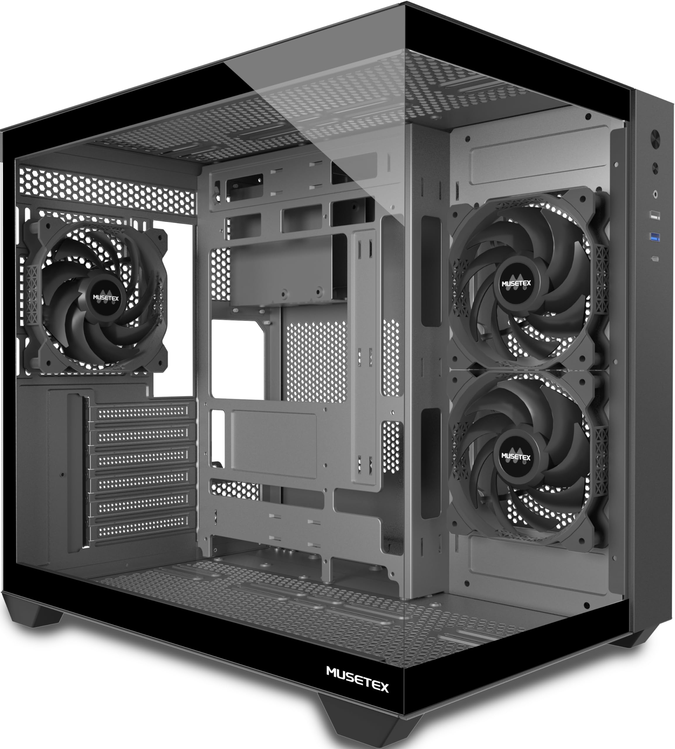 MUSETEX Boitier PC ATX, 3 Ventilateurs Non-LED préinstallés, Support RAD 360MM, Verre trempé 270° Full View Boitier Pc Gamer with Type-C, Boîtier d'ordinateur Mid Tower ATX, Noir, Y6