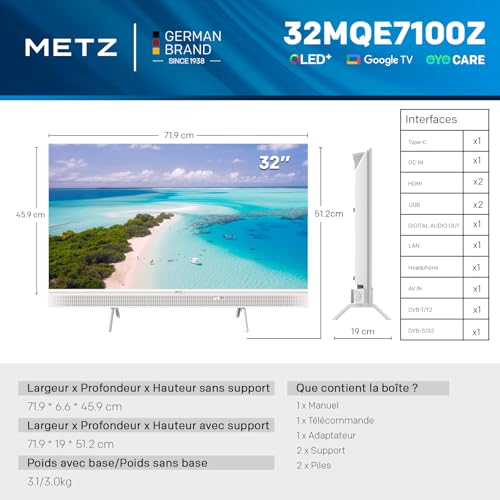 Metz Portable TV QLED 32 Pouces (80 cm) Smart Google Television HDR 10 Haut-parleurs Puissants DBX TV Dolby Audio Chromecast Commande Vocale Google Assistant Tuner Power-C (32MQE7100 Blanc) – Image 6