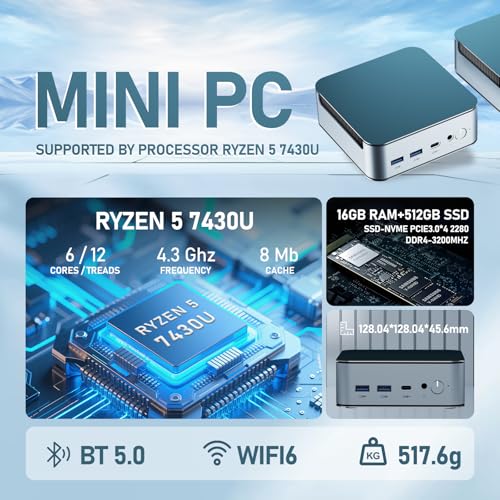 Mini PC Ryzen 5 7430U (Max.4,3 GHz), 16Go RAM, 512 Go SSD M.2 NVMe, Mini Ordinateur de Bureau Win 11 Pro, Triple Affichage 4K 60 Hz, HDMI, Type-C, USB, RJ45, Wi-FI 6, BT 5.0 Light Gamer PC – Image 3
