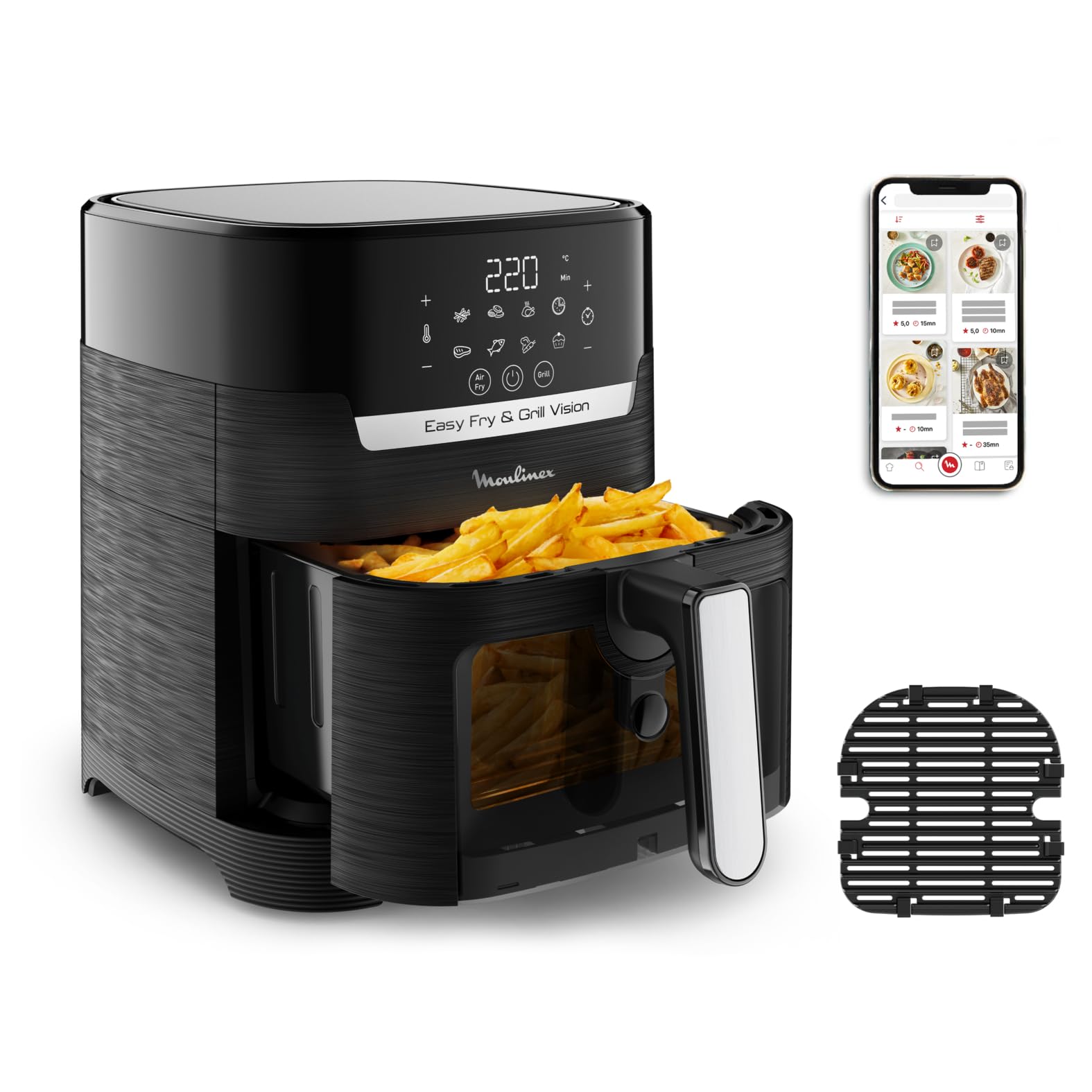 Moulinex Easy Fry & Grill Vision Friteuse sans huile + Grill, Capacité 4,2 L, Jusqu'à 6 personnes, 8 programmes automatiques, Fenêtre amovible, Écran tactile, air fryer EZ506820