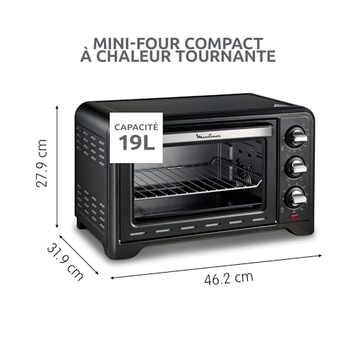 Moulinex Four électrique posable 19 L, Compact, chaleur tournante, 6 modes de cuisson, Thermostat réglable jusqu’à 240°C, Minuteur 120 min, Grille réversible, Lèche frites, Optimo noir OX444810 – Image 3