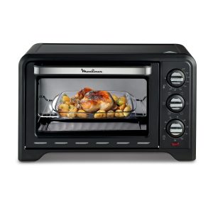 Moulinex Four électrique posable 19 L, Compact, chaleur tournante, 6 modes de cuisson, Thermostat réglable jusqu’à 240°C, Minuteur 120 min, Grille réversible, Lèche frites, Optimo noir OX444810