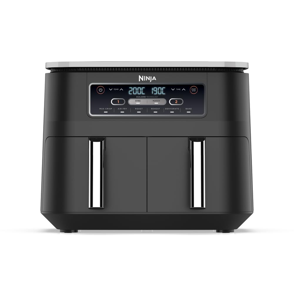 NINJA Foodi DualZone Air Fryer 2 Compartiments, 2 Zones de Cuisson Indépendentes, Capacité 7,6L, Air Fyer 6-en-1, Max 240°C, Pièces Antiadhésives Amovibles lavables au lave-vaisselle, Noir AF300EU