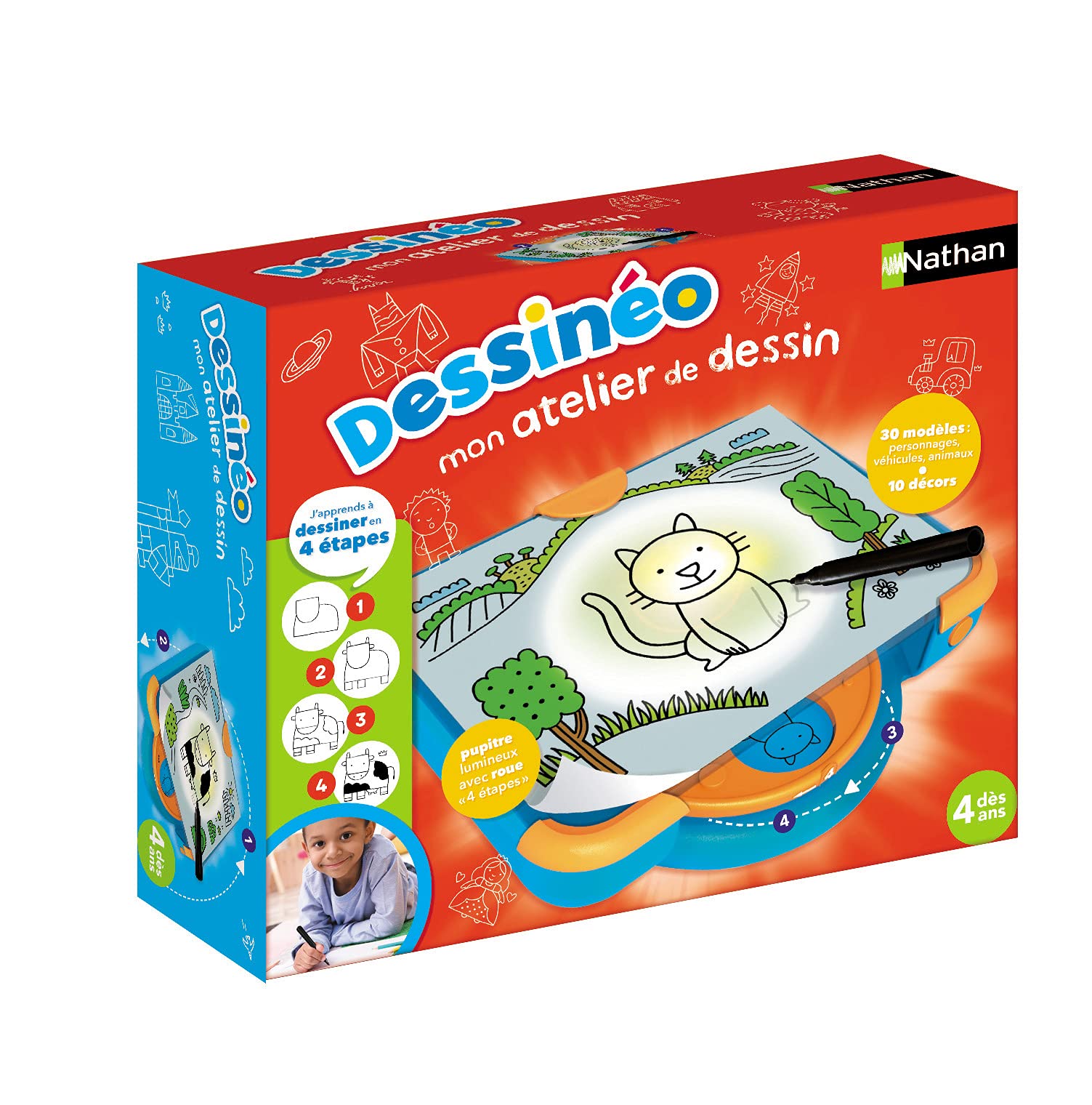 Nathan - Dessineo Mon Atelier de Dessins, Tablette a Dessin Enfant, Projecteur Dessin, Apprendre a Dessiner Par Étape, Jeu Educatif, 10 Planches, Stylo Inclus, Amusant, Facile à Transporter, Dès 4 Ans