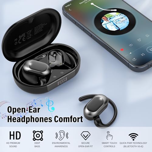 Open Ear Ecouteurs Bluetooth sans Fil, Écouteurs Bluetooth 5.4 Ouverts avec Écran LED, 36H HiFi Stéréo, Oreillette Sport avec 4 Mic, IP7 Étanche Casque Sport pour Running/Gym, Noir – Image 5