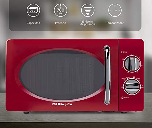 Orbegozo MI2020 Four à micro-ondes, 20 l de capacité, 6 niveaux de fonctionnement, minuterie jusqu’à 30 min, modèle vintage, 700 W, acier, rouge – Image 5
