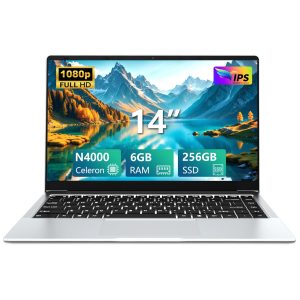 Ordinateur Portable 14,1 Pouces, PC Portable SSD 256 Go RAM 6 Go processeur Celeron N4000, Laptop écran 180°, Mini-HDMI, 2 Ports USB 3.0, Batterie 5000 mAh, Argent, Fin et léger