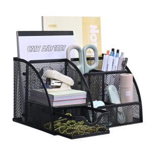 Organisateur de bureau en maille métallique avec tiroir et porte-stylos pour stylos, notes adhésives, agrafeuses, trombones, compact et élégant pour un gain de place.