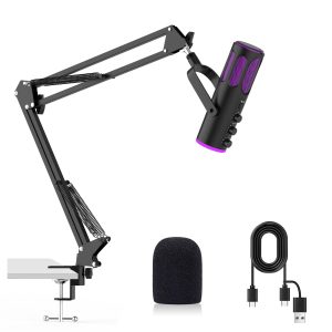 Ortizan Microphone de jeu USB, microphones à condensateur pour PC, PS4/5 et Mac, microphone podcast avec suppression du bruit, microphone avec sourdine, réverbération, surveillance, bras réglable