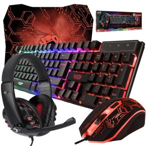 Orzly Kit de Jeu Rx250 4 en 1 composé d’Un Clavier rétroéclairé RVB [Disposition AZERTY] d’Une Souris [jusqu'à 3200 DPI] d’Un Casque de Jeu et d’Un Tapis de Souris Grand Format pour PC, Xbox, PS4