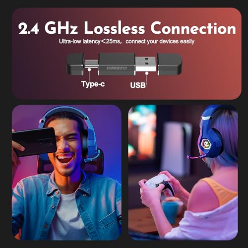 Ozeino Casque Gaming, Casque Gamer sans Fil avec Micro, Latence Inférieure à 25ms, Clé USB et Type C à Double Extrémité Casque Gaming sans Fil, Casque Gamer Compatible avec PC, Ps5, Ps4, Switch – Image 6