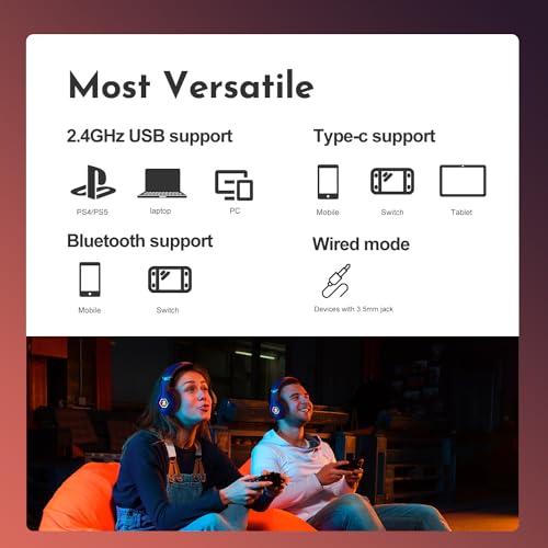 Ozeino Casque Gaming, Casque Gamer sans Fil avec Micro, Latence Inférieure à 25ms, Clé USB et Type C à Double Extrémité Casque Gaming sans Fil, Casque Gamer Compatible avec PC, Ps5, Ps4, Switch – Image 8