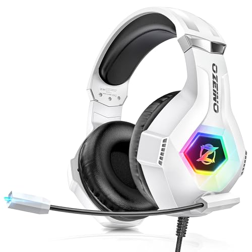 Ozeino Casque Gaming pour Ps5 PC Ps4, Casque Gamer pour Micro RGB 7 Couleurs Transducteurs 50mm Stéréo Basse Micro Anti-Bruit Réglable Compatible avec Switch Xbox Series X & S-Blanc – Image 2