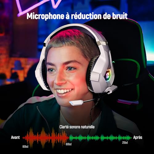 Ozeino Casque Gaming pour Ps5 PC Ps4, Casque Gamer pour Micro RGB 7 Couleurs Transducteurs 50mm Stéréo Basse Micro Anti-Bruit Réglable Compatible avec Switch Xbox Series X & S-Blanc – Image 4
