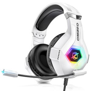 Ozeino Casque Gaming pour Ps5 PC Ps4, Casque Gamer pour Micro RGB 7 Couleurs Transducteurs 50mm Stéréo Basse Micro Anti-Bruit Réglable Compatible avec Switch Xbox Series X & S-Blanc