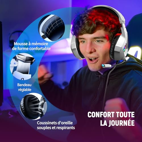 Ozeino Casque Gaming pour Ps5 PC Ps4, Casque Gamer pour Micro RGB 7 Couleurs Transducteurs 50mm Stéréo Basse Micro Anti-Bruit Réglable Compatible avec Switch Xbox Series X & S-Blanc – Image 5